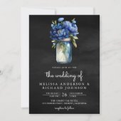 Royal Blue Floral Mason Jar QR Code Zwart Bruiloft Kaart (Voorkant)