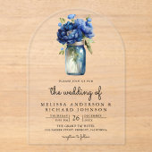 Royal Blue Floral Mason Jar Wedding Acryl Uitnodigingen (Voorkant)