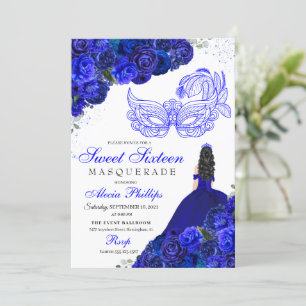 Royal Blue Floral Masquerade Sweet 16 Uitnodiging