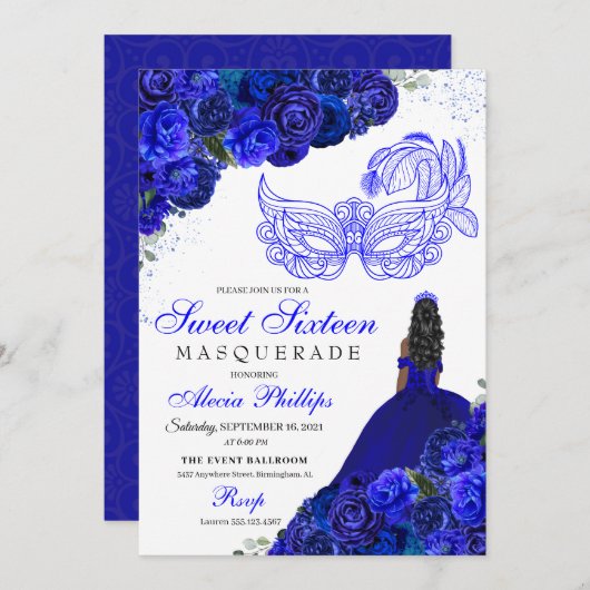 Royal Blue Floral Masquerade Sweet 16 Uitnodiging (Voorkant / Achterkant)