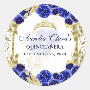 Royal Blue Floral Princess Gold Arch Quinceanera Ronde Sticker