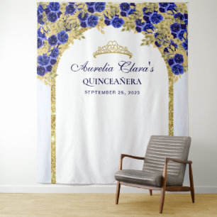 Royal Blue Floral Princess Gold Arch Quinceanera Wandkleed