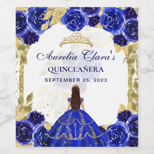 Royal Blue Floral Princess Gold Arch Quinceanera Wijn Etiket (Enkel label)