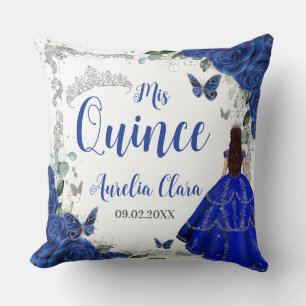 Royal Blue Floral Princess Silver XV Quinceañera Kussen