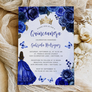 Royal Blue Floral Princess Waterverf Quinceañera Kaart