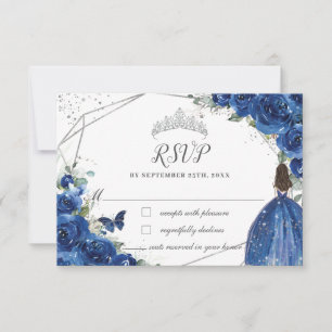 Royal Blue Floral Prinses Gown Zilver Quinceañera RSVP Kaartje