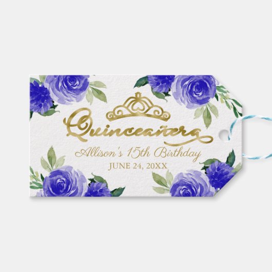 Royal Blue Floral Quinceanera Cadeaulabel (Voorkant (Horizontaal))