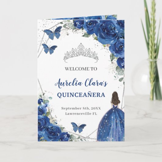 Royal Blue Floral Quinceañera Order of Events Prog Programma (Voorkant)