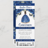 Royal Blue Floral Quinceañera Sweet 16 VIP Ticket Kaart (Voorkant / Achterkant)