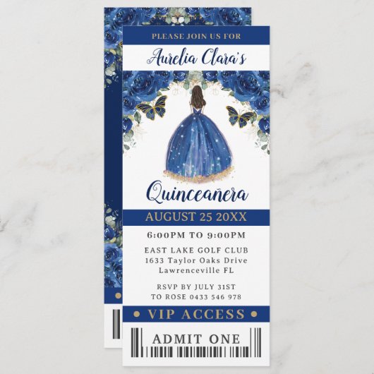 Royal Blue Floral Quinceañera Sweet 16 VIP Ticket Kaart (Voorkant / Achterkant)