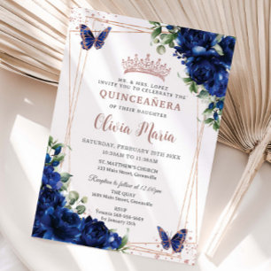 Royal Blue Floral Roos Gold Quinceañera Butterfly Kaart