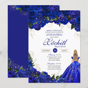 Royal Blue Floral Rozen Elegant Quinceañera Party Kaart