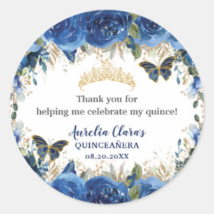 Royal Blue Floral Rozen Gold Butterflies Crown Ronde Sticker