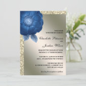 Royal Blue Floral & Silver Glitter Wedding Kaart (Staand voorkant)