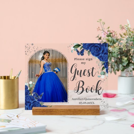 Royal Blue Floral Silver Quinceanera 16 Livre d'hô (Mariage)