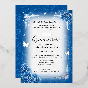 Royal Blue Floral Waterverf Quinceañera Silver Folie Uitnodiging