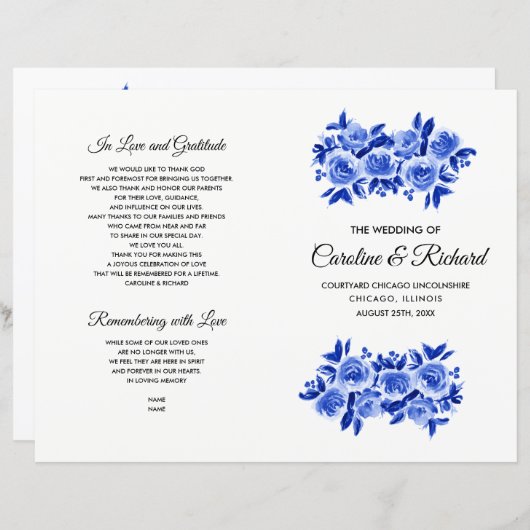 Royal Blue Floral Waterverf Wedding Programme (Voorkant / Achterkant)