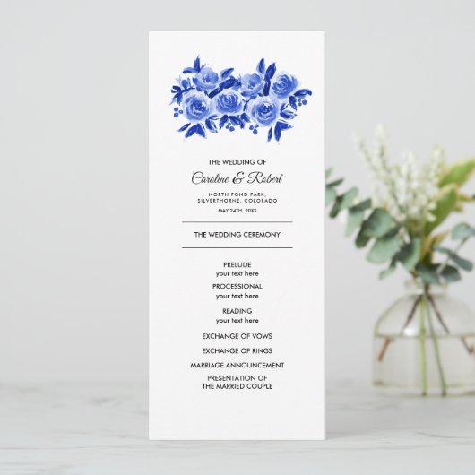 Royal Blue Floral Waterverf Wedding Programme Programma (Staand voorkant)