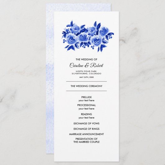 Royal Blue Floral Waterverf Wedding Programme Programma (Voorkant / Achterkant)