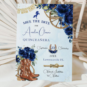 Royal Blue Floral Wild West Charro Quinceañera XV Save The Date