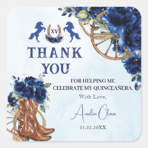 Royal Blue Floral Wild West Charro Quinceañera XV Vierkante Sticker