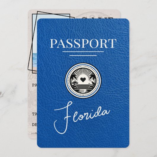Royal Blue Florida Passport Bewaar de datum Save The Date (Voorkant / Achterkant)