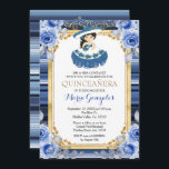 Royal Blue Flowers Gold Quinceanera Invitation<br><div class="desc">Royal Blue Flowers Gold Quinceanera InvitationMis Quince Anos,  15e anniversaire, </div>