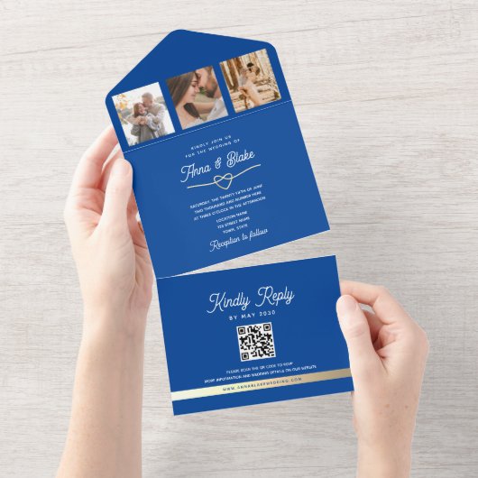 Royal Blue Foto's Huwelijk QR Code All In One Uitnodiging (Afscheurbaar)