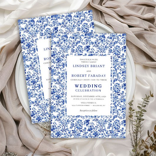 Royal Blue French Toile Floral Wedding Invitation