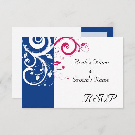 Royal Blue/Fuchsia Swirl Bruiloft RSVP Antwoord (Voorkant / Achterkant)