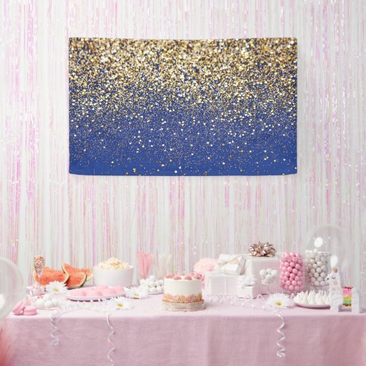Royal Blue Glitter Achtergrond Verjaardag Gouden V Spandoek (Feest)