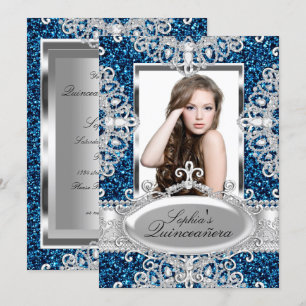 Royal Blue Glitter Diamond Glamor Quinceanera Kaart