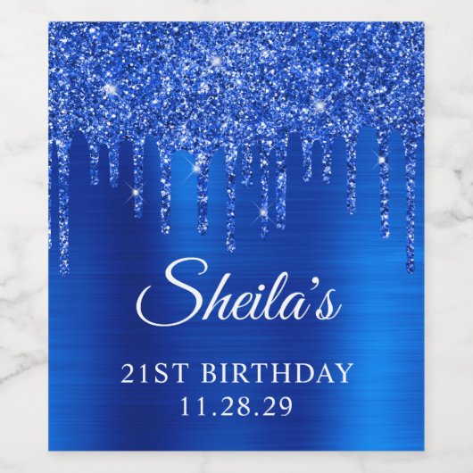 Royal Blue Glitter Drips Glam 21e Verjaardag Wijn Etiket (Enkel label)