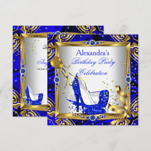 Royal Blue Glitter High Hiel Shoes Gold White Silk Kaart