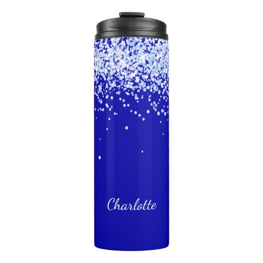 Royal blue glitter sparkles name script thermosbeker (Voorkant)