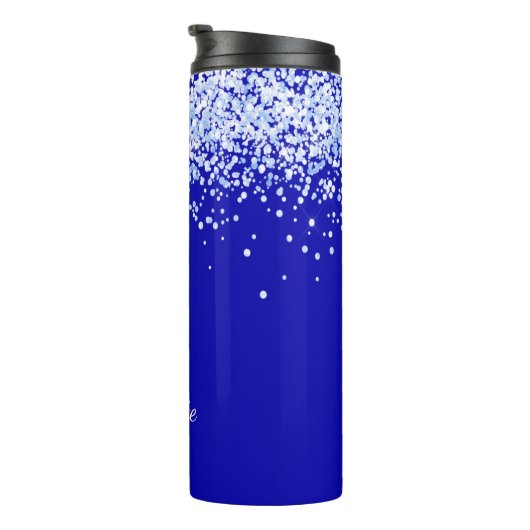 Royal blue glitter sparkles name script thermosbeker (Geroteerd rechts)