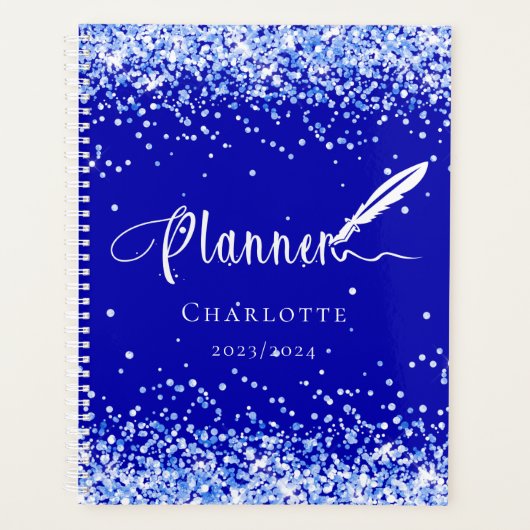 Royal blue glitter sprankelt naam glam 2026 planner (Voorkant)