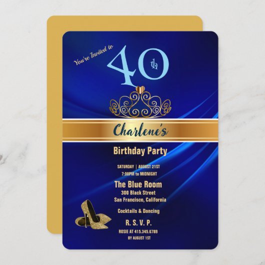 Royal Blue & Gold 40th Birthday Party Invitation (Devant / Derrière)