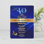 Royal Blue & Gold 40th Birthday Party Invitation (Debout devant)