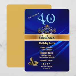 Royal Blue & Gold 40th Birthday Party Invitation Kaart