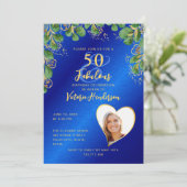 Royal Blue & Gold 50 & Fabulous Greenery Birthday Kaart (Staand voorkant)