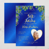 Royal Blue & Gold 50 & Fabulous Greenery Birthday Kaart (Voorkant / Achterkant)