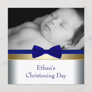 Royal Blue Gold Baby Photo Christening Kaart