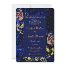 Royal Blue Gold Butterfly Mariage Invitation ronde