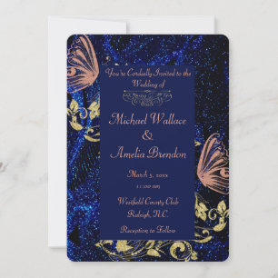 Royal Blue Gold Butterfly Mariage Invitation ronde