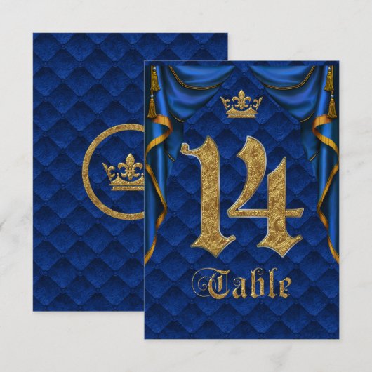 Royal Blue Gold Crown Mariage Numéro de Table 14 (Devant / Derrière)