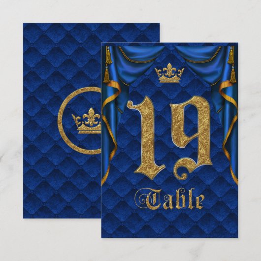Royal Blue Gold Crown Mariage Numéro de Table 19 (Devant / Derrière)