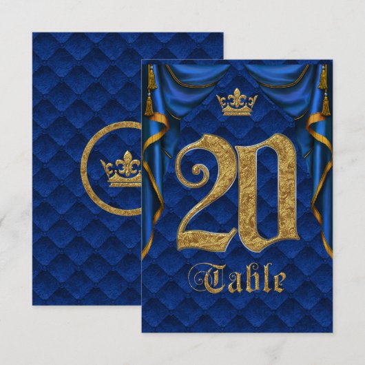 Royal Blue Gold Crown Mariage Numéro de Table 20 (Devant / Derrière)