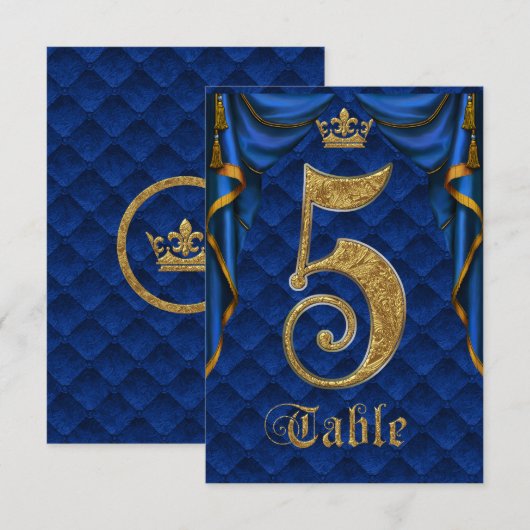 Royal Blue Gold Crown Mariage Numéro de Table 5 (Devant / Derrière)