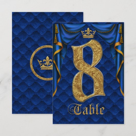 Royal Blue Gold Crown Mariage Numéro de Table 8 (Devant / Derrière)